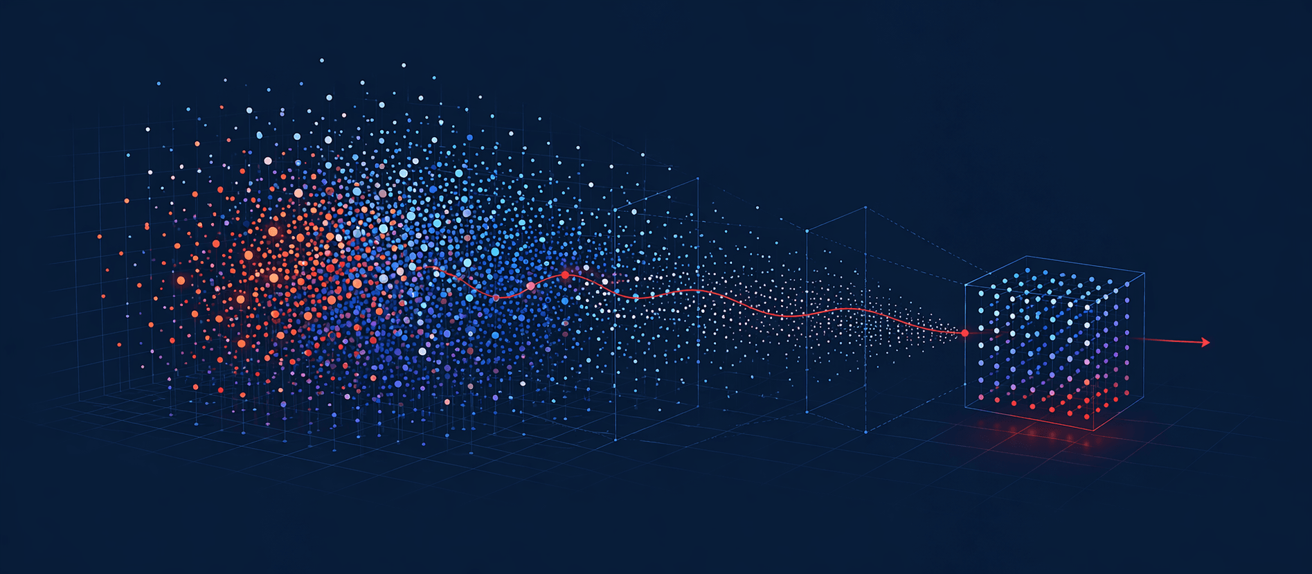 Abstract visualization of vector quantization: dense floating points compressing into a compact structured form